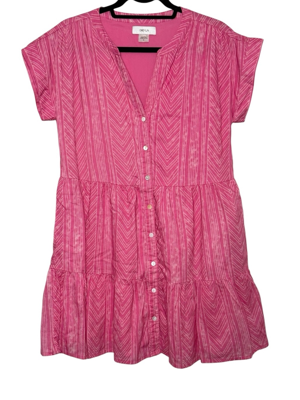 Greylin Dress Size Small Pink Chevron Button-Front Tiered